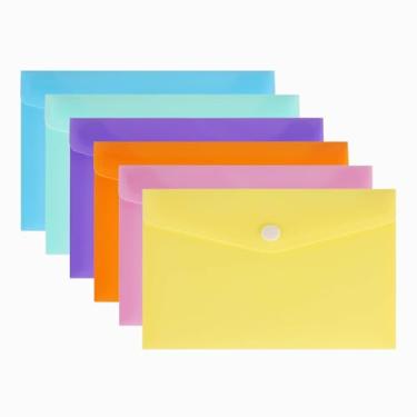 Imagem de 6 envelopes de plástico, pastas de plástico para documentos, pastas de poliéster com fecho de pressão, 6 cores, tamanho A5, tamanho carta, para escola e material de escritório