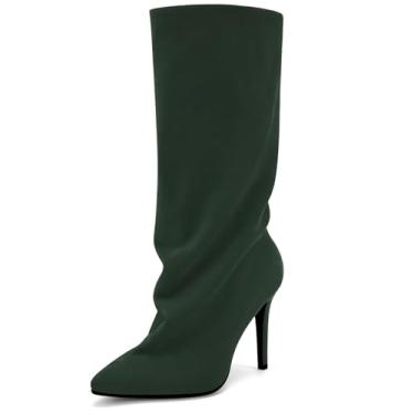 Imagem de Perisis Botas femininas despojadas cano médio pretas longas de puxar salto agulha bico fino botas de tubarão para mulheres sexy moda, Camurça - verde escuro, 43