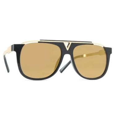 Imagem de Óculos de sol de grife de luxo femininos para homens, vintage, espelhado, degradê, metal, armação grande, punk, óculos de sol para homens, UV400 (preto dourado)