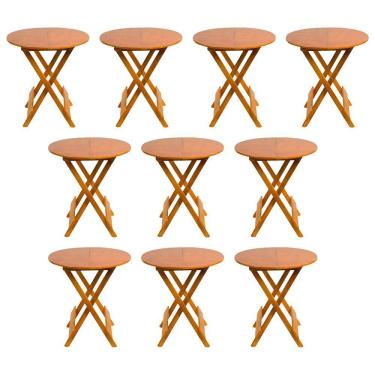 Imagem de Kit 10 Mesas Redondas Dobráveis Em Madeira Maciça 70X70 Mel Ideal Para Bares E Restaurantes