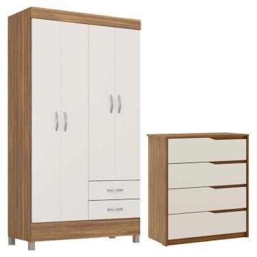 Imagem de Kit Guarda Roupa Solteiro 4 Portas Astro Cômoda Atria Amêndola Touch Off White