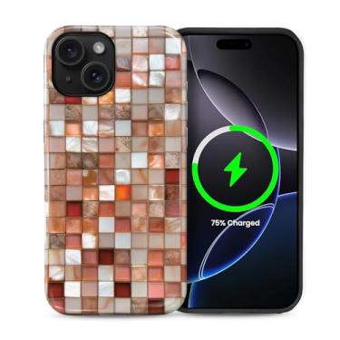 Imagem de casesok Capa para iPhone 15, compatível com MagSafe, capa rígida de camada dupla + capa de silicone, proteção total à prova de choque para iPhone 15 - aparência de mosaico colorido laranja