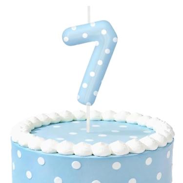 Imagem de Velas de aniversário de bolinhas azuis para bolo, velas número 7, decorações de aniversário, suprimentos de festa, topo de bolo de bolinhas para decoração de festa temática para meninos e meninas