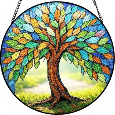 Imagem de Qiaxiluxe Vitral pendurado na janela – painel de vidro redondo colorido árvore da vida, apanhador de sol, decoração de janela vibrante, para janelas, presente de pendurar para mulheres, mãe, esposa