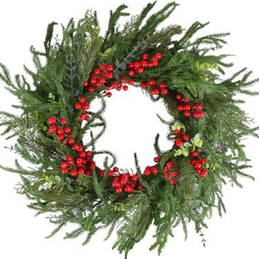Imagem de GYWJJ Guirlanda de pinheiro de toque real de 61 cm, guirlanda de Natal grande para porta da frente, guirlanda verde de Natal com frutas vermelhas, guirlandas de eucalipto para decoração de janela de