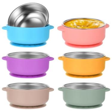 Imagem de Conjunto de 6 tigelas antiqueimaduras de aço inoxidável com capas de silicone e bases de sucção, recipientes de alimentação seguros para lava-louças