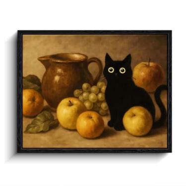 Imagem de Arte emoldurada de gato preto, arte de parede engraçada de gato preto – Arte de gato inspirada em Chardin, natureza morta com maçãs, uvas e jarro, arte de parede eclética, pôsteres para quarto
