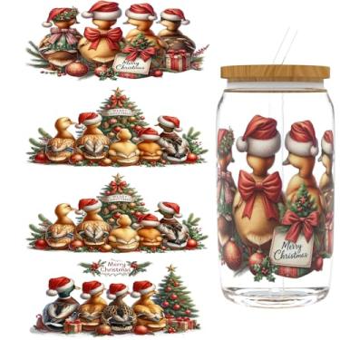 Imagem de Adesivos DTF UV de Natal - 4 folhas de pato de Natal UV DTF envoltórios de copo para vidro de 473 ml, decalques DIY para copos, esfregar à prova d'água para artesanato