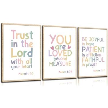 Imagem de 3 peças de arte de parede bíblica infantil impressão de pôster de jardim de infância em aquarela religiosa pintura bíblica cristã citações inspiradoras decoração de parede em tela para quarto jardim