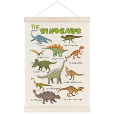 Imagem de TWRVI Cabide de pôster de quarto infantil de dinossauro com moldura de madeira, decoração de arte de parede de dinossauro para quarto de meninos, pôsteres de espécies de dinossauros para decoração de