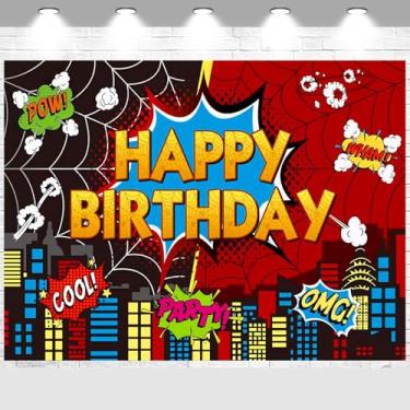 Imagem de Pano de fundo de teia de aranha decorações de aniversário, faixa de festa de aniversário de desenho animado para crianças e meninas suprimentos temáticos de festa de herói de desenho animado (1,8 x