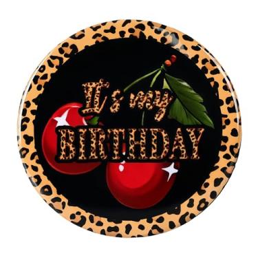 Imagem de Broche de aniversário de cereja leopardo - Botão "It's My Birthday" com estampa de cereja de guepardo, tema de maquiagem, noite de meninas e lembrancinhas de aniversário