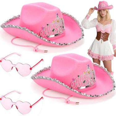 Imagem de Pumtus 2 Pack Pink Cowgirl Hat with Heart Glasses, Pink Sequin Cowboy Princess Hat with Crown Tiara Design, Halloween Cow Girl Costume Accessories, Fun Rodeo Party Hats and Goggles for Women, Girls