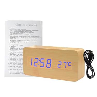 Imagem de Relógio de Alarme Digital Madeira com LED Eletrônico Display Temperatura e Data Controle por Voz 3 Níveis Brilho Alimentação via USB ou Bateria Mesa p