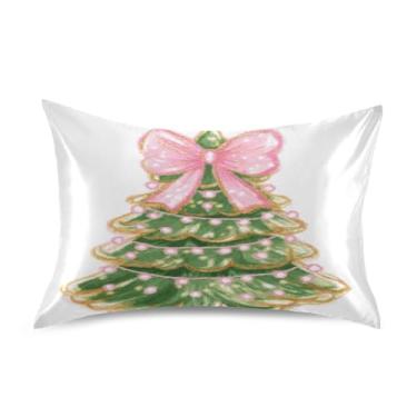 Imagem de ATTX Fronha de almofada de árvore de Natal com laço rosa com fecho de envelope para cabelo e pele, macia, respirável, suave, ambos os lados, capa de almofada de seda refrescante (Queen 50 cm × 76 cm