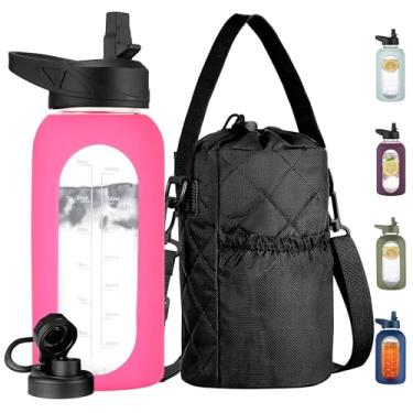 Imagem de CIVAGO Garrafa de água de vidro de 947 ml com canudo e suporte de garrafa isolado, jarro de água motivacional com marcador de tempo e manga de silicone, frasco de água com 2 tampas para caminhadas e