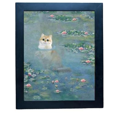 Imagem de Arte engraçada Monet Arte de parede em tela de gato lírio de água, pôsteres de pintura famosa com moldura para escritório, quarto, banheiro, sala de estar, 28 x 35,5 cm