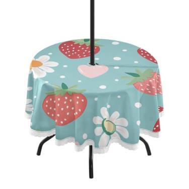 Imagem de CEBUGI Toalha de mesa redonda para uso externo, retrô, morango, impermeável, com furo Umberlla, capa de mesa lavável para pátio, cozinha, sala de jantar, 152 cm