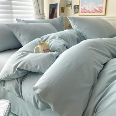 Imagem de Jogo de cama de algodão sólido com lençol de capa de edredom fronhas casal solteiro king queen casal casal solteiro, azul creme, 150 x 200 3 peças