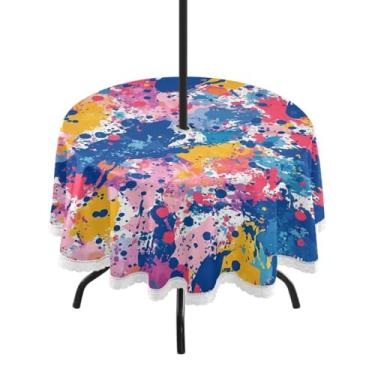 Imagem de CEBUGI Toalha de mesa redonda para uso ao ar livre, estampa colorida, impermeável, com furo Umberlla, capa de mesa lavável para pátio, cozinha, sala de jantar, 152 cm