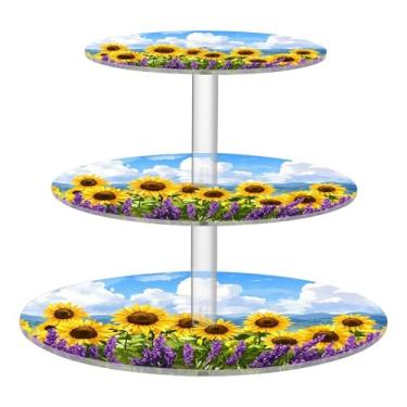 Imagem de CEBUGI Suporte de cupcake de 3 camadas, lavanda e girassóis, suporte redondo para bolo, bandeja de servir em camadas de acrílico para chá, chá de bebê, casamento e mais