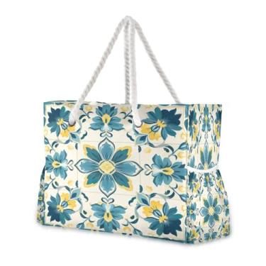Imagem de Wassud Bolsa de praia mandala boêmia grande bolsa de praia para mulheres, à prova d'água, à prova de areia, bolsa de viagem com zíper e bolso para piscina, academia, acampamento
