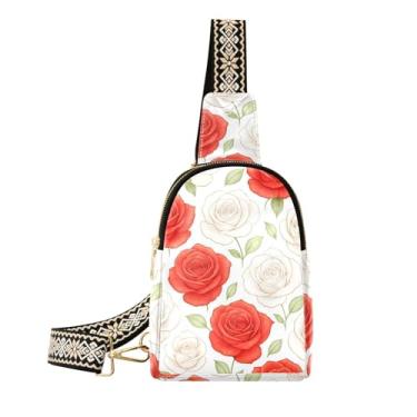Imagem de CEBUGI Bolsa tiracolo feminina com rosas brancas vermelhas e pequenas pochetes de couro para caminhadas, viagens ao ar livre