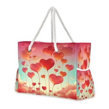 Imagem de Wassud Bolsa de praia Heart Love (3) bolsas de praia grandes para mulheres, impermeável, à prova de areia, bolsa de viagem com zíper e bolso para piscina, academia, acampamento