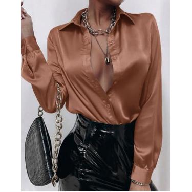 Imagem de Camisa Social Feminina Cetim Manga Comprida Com Botões Casual Elegante