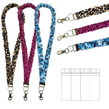 Imagem de Pacote com 3 cordões elásticos para cartão de identificação e chaves, chaveiro de pescoço fofo com porta-crachás verticais e fecho de clipe, cordões elásticos retráteis para professores, enfermeiras