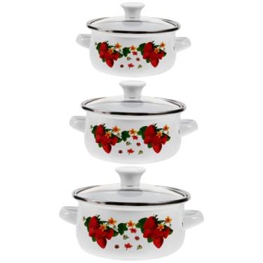 Imagem de MAGICLULU Conjunto de 3 peças, mini pote de sopa, conjunto de três peças, tampa de panela esmaltada, alça dupla, padrão vintage, cabo