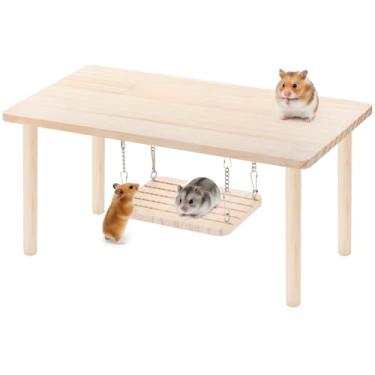 Imagem de Plataforma de atividade de hamster de madeira natural com balanço suspenso, plataforma de jogo de várias camadas, adequada para brinquedos de escalada para animais pequenos, como hamsters anões e