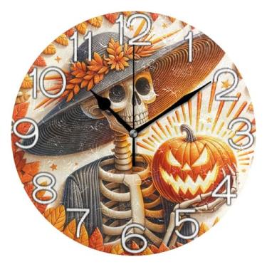 Imagem de GAIGEO Relógio de parede analógico decorativo funky alimentado por bateria relógio de escritório cozinha, arte de parede moderna legal decoração de casa, esqueleto laranja abóbora Halloween, 25 cm