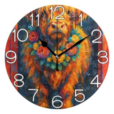 Imagem de GAIGEO Relógio de parede decorativo analógico relógio de cozinha rústico estético silencioso sem tique-taque, decoração de parede de casa de fazenda moderna, linda vaca das terras altas floral, 25 cm