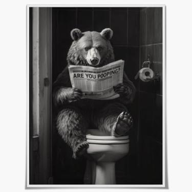 Imagem de Arte de parede de banheiro preto e branco engraçado urso no banheiro lendo pôster de jornal impressão em tela humor animal arte imagens decoração de parede para casa dormitório banheiro banheiro 20 x