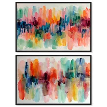 Imagem de Conjunto de 2 arte de parede de banheiro com estampa de energia costeira azul-petróleo e coral por Art Remedy, moldura preta, 76 x 50 cm