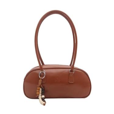 Imagem de Bolsa de ombro feminina estilo Boston Bolsa tiracolo de couro com zíper, Marrom