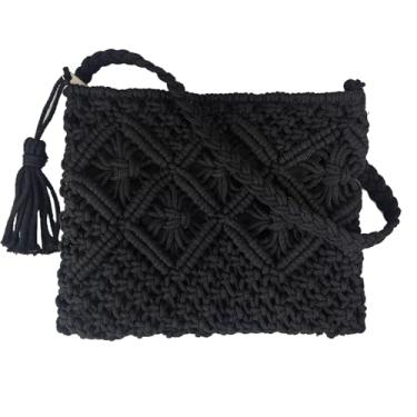 Imagem de Vavili Bolsa tiracolo boho, bolsa de ombro de corda de algodão tecida à mão, bolsas femininas de verão para praia, Preto, 26cm x 21cm