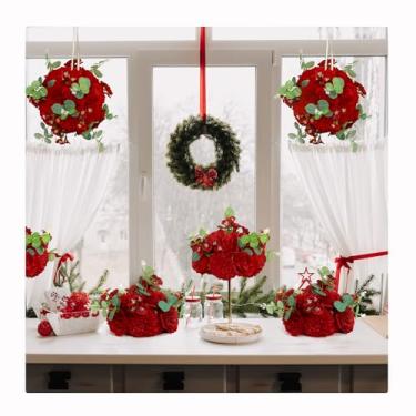 Imagem de QinmiGarden Bola de flores artificiais para centro de mesa, decorações de mesa, 2 unidades de meia bola floral de seda vermelha sintética com base de plástico para festa em casa, sala de eventos