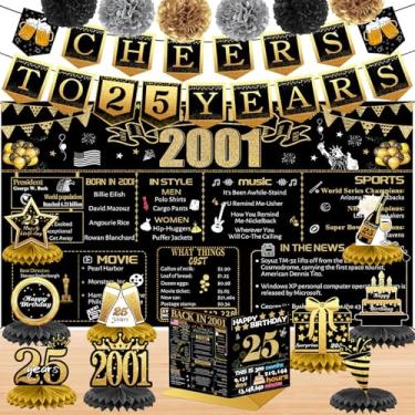 Imagem de Decorações de aniversário de 25 anos para ela, 18 peças de decoração de banner em ouro preto em 2001, pano de fundo de aniversário, faixa de 25 anos para filha e filho, cartão de aniversário, 6