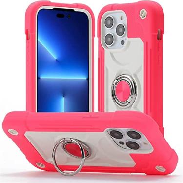 Imagem de WIKUNA Capa para iPhone 14/14 Plus/14 Pro/14 Pro Max, capa protetora antiqueda anticolisão de quatro cantos, com suporte de anel, capa de celular multicolorida moderna (cor: vermelho rosa,