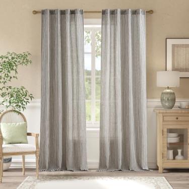 Imagem de jinchan Cortinas de linho pretas sobre bege listradas para sala de estar, quarto, tique-taque, filtro de luz, casa de campo, núcleo rústico, aba traseira, tratamento de janela, 2 painéis de 244 cm de