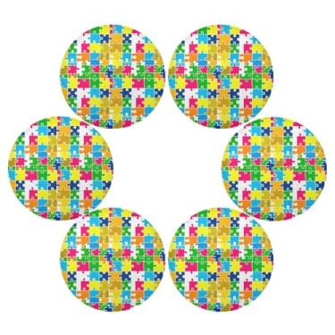 Imagem de Wassud Jogo americano conjunto de 6 tapetes de mesa redondos com estampa de quebra-cabeça para cozinha e jantar, lavável, resistente ao calor, decoração de mesa 39 cm