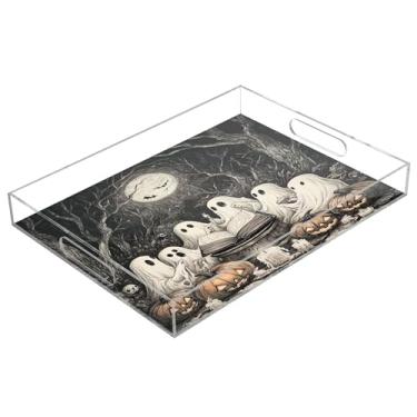 Imagem de xigua Bandeja de servir de acrílico fantasma de Halloween com alças à prova de derramamento, bandejas decorativas de festa de Halloween, bandeja organizadora de bancada para banheiro, cozinha, 30,5 x