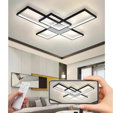 Imagem de Luminária de teto LED retangular moderna com controle remoto, cúpula de acrílico e design em alumínio para sala de estar e quarto (preta, 5 braços).