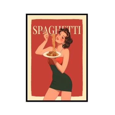 Imagem de Pôster Vintage Italian Foods Mulher Comendo Espaguete Pôsteres Ilustração Arte Pintura em Tela Impressão Massa Comida Cozinha Decoração de Parede (SKU1,20.3x30.5 cm = (20x30cm), Moldura preta para