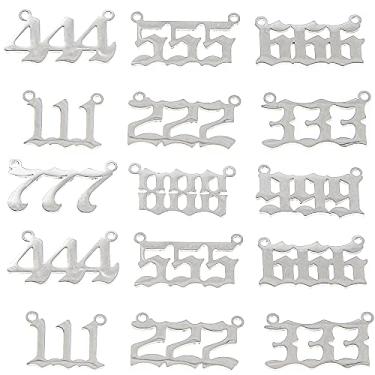 Imagem de YEYULIN Pingentes de aço inoxidável 18 peças com números de anjo banhado a prata delicados 111 222 333 444 555 666 777 888 999 pingentes DIY Jewelry Making Necklace, Aço inoxidável, aço inoxidável