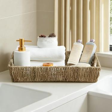 Imagem de Suptinwear Bandeja retangular para servir algas marinhas com alças embutidas, cesta de vime tecida à mão para café da manhã, café, chá, lanches e frutas, organizador de armazenamento decorativo, 43 cm