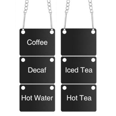 Imagem de Otoolling Pacote com 6 placas de corrente de etiquetas de airpot suspensas, 6 cm x 4,5 cm, etiquetas de café impressas em acrílico UV com corrente para exibição de mesa de bebidas de restaurante, café