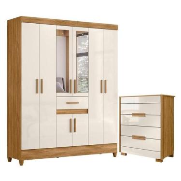 Imagem de Guarda Roupa Casal Portugal com Espelho e Cômoda Dhara Freijó Off Whit